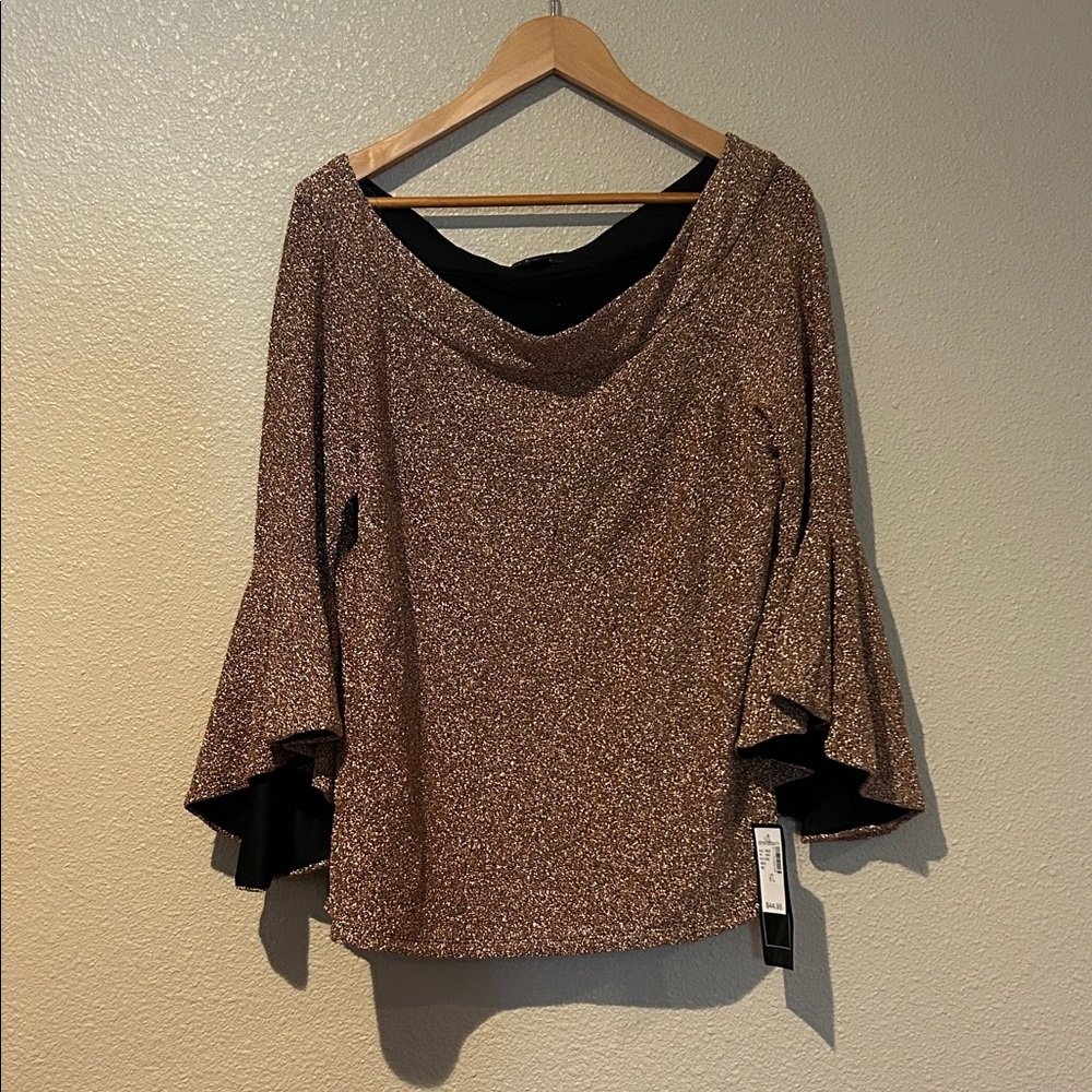 dressbarn Gold Sparkle Cowl Neck Top with Bell Sleeves